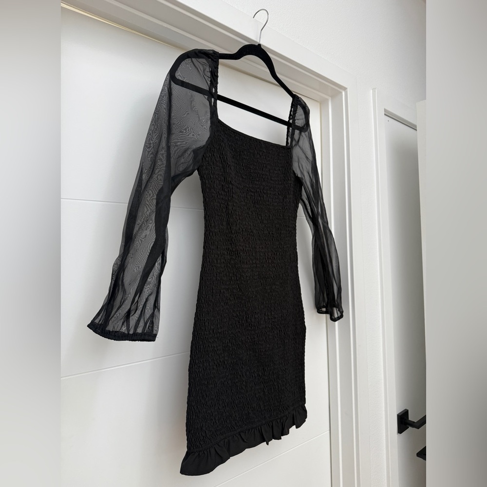 Starlow Black Sheer Sleeve Ruched Mini Dress Square Neck Ruffle Hem | Size S - Picture 5 of 9